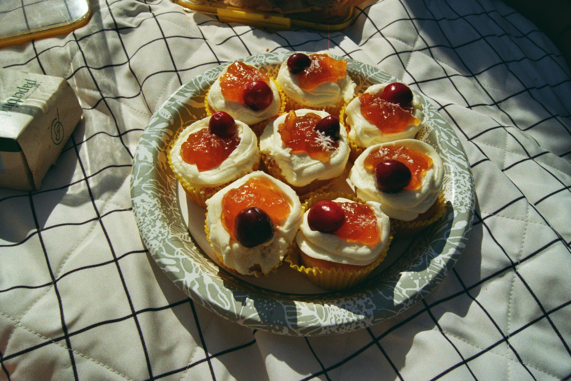 Film photograph, cupcakes on a picnic blanket
