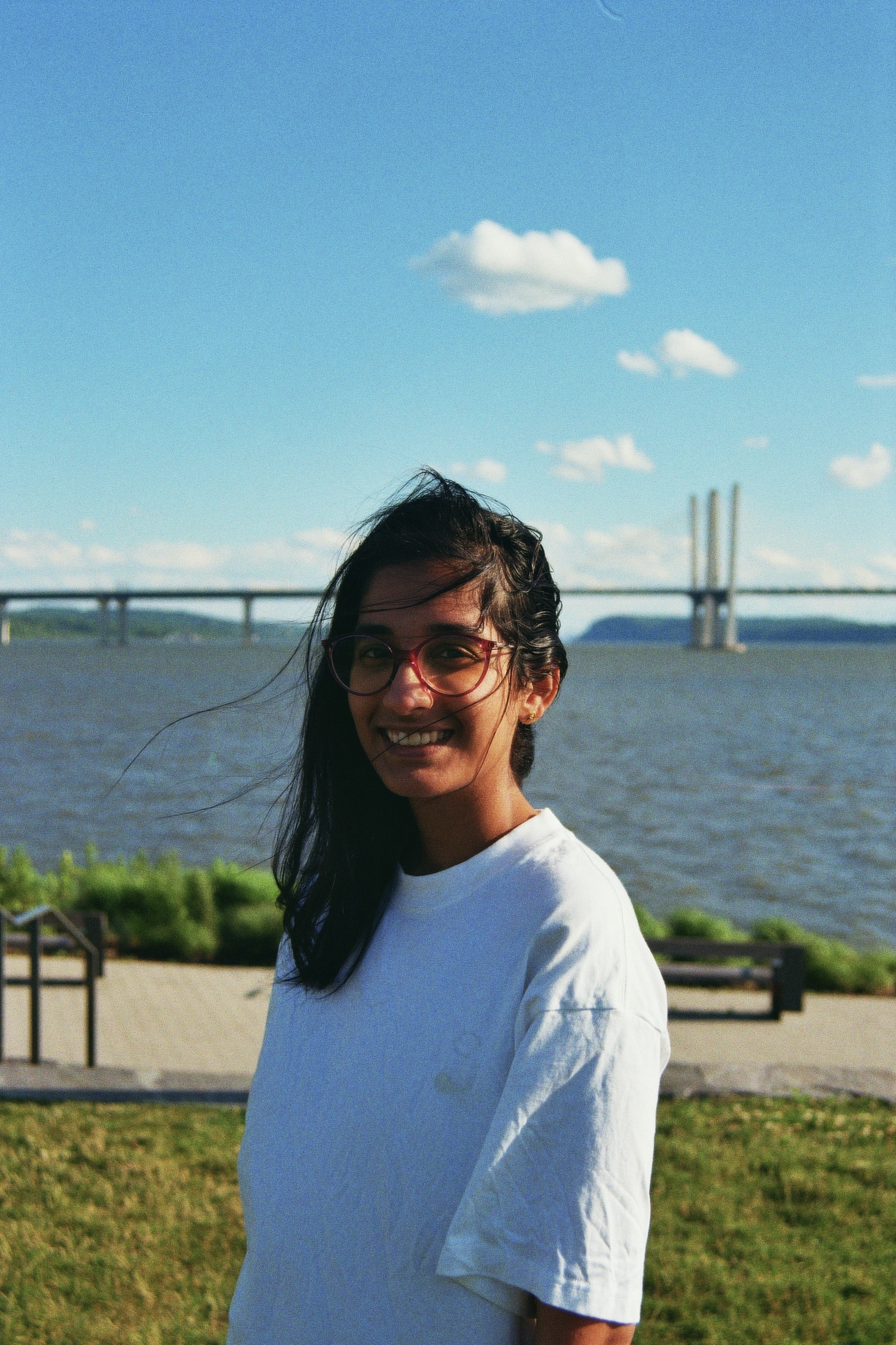 Film photograph, portrait by the water